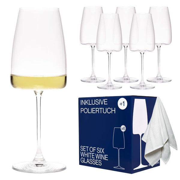 MOMENT WHITE – 6er Set Weißweingläser (420 ml) inkl. Poliertuch