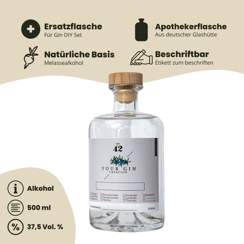 Refill-Flasche Gin DIY Set - 500 ml Neutralalkohol 37,5 % Vol.